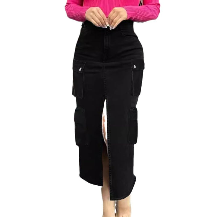 Ladies High-Waist Cargo Denim Midi Skirt with Front Slit Amarae