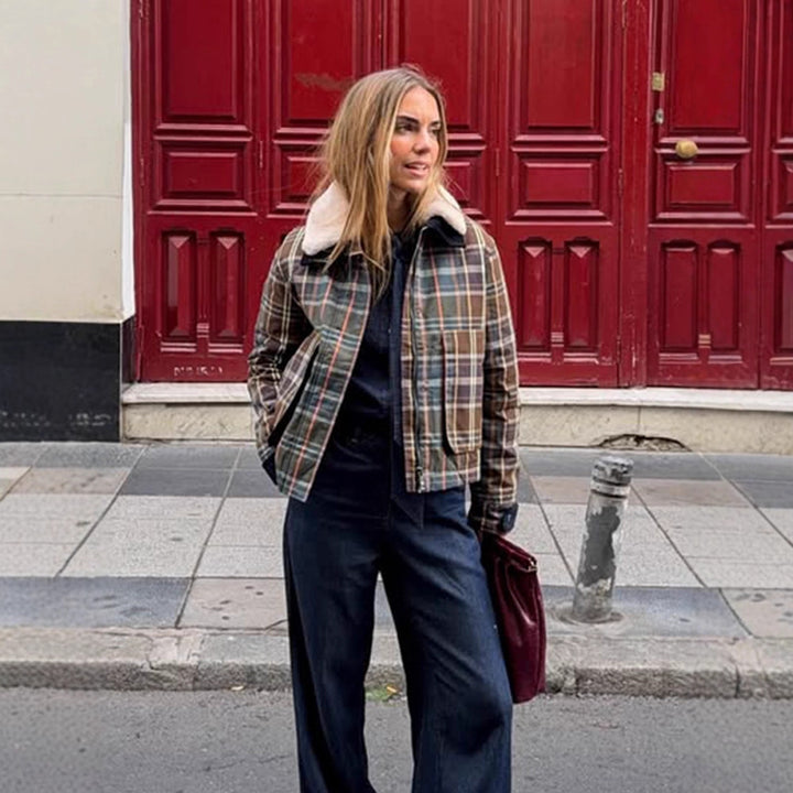 Women's Short Blouson in Check Pattern with Padded Lining and Teddy Collar Amarae