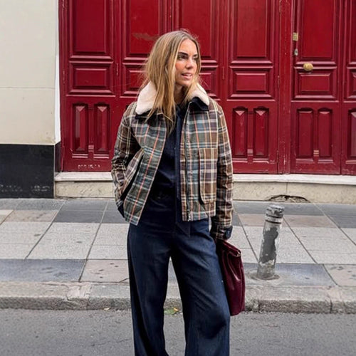 Women's Short Blouson in Check Pattern with Padded Lining and Teddy Collar Amarae