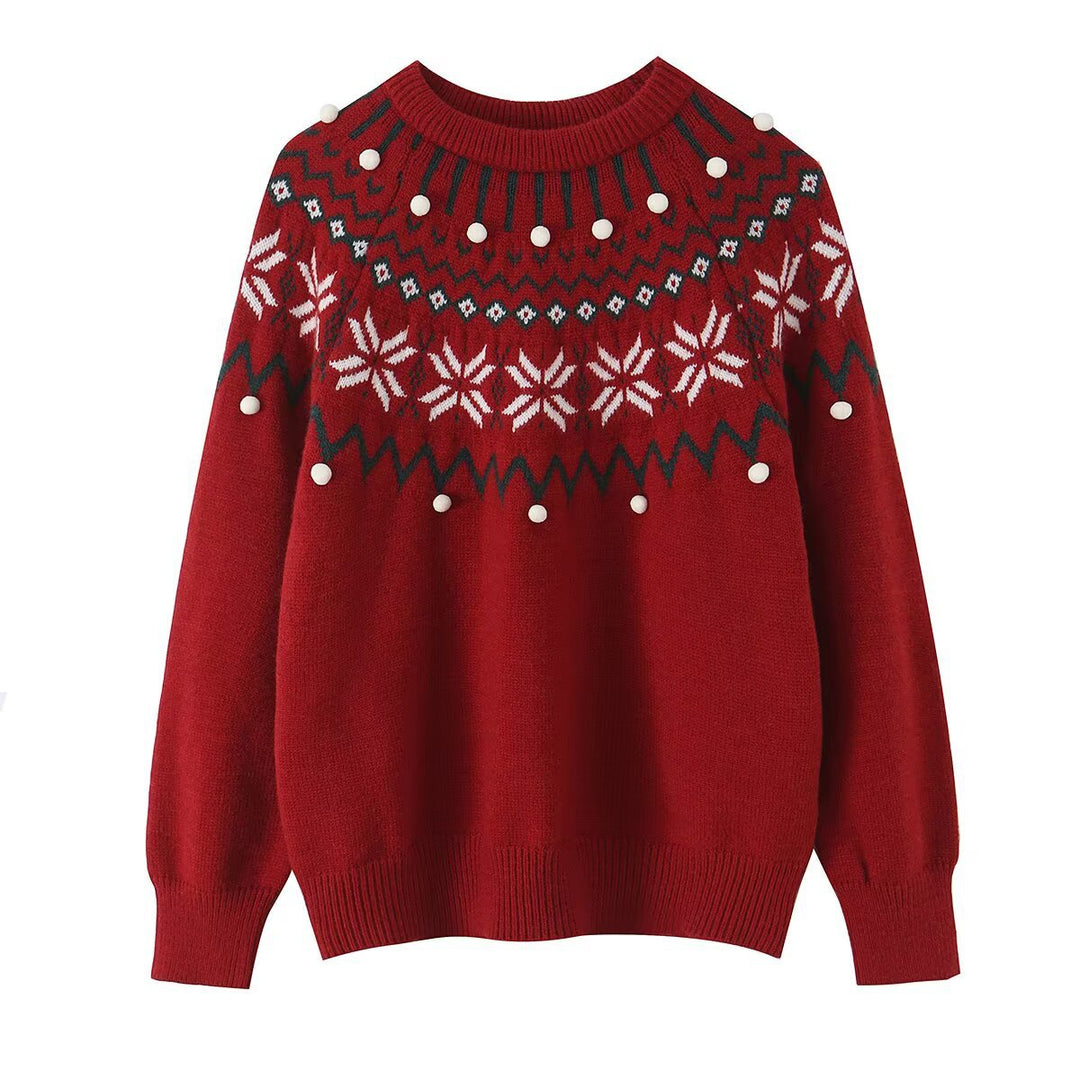 Women's knit sweater with Norwegian border and attached decorative pompons Amarae