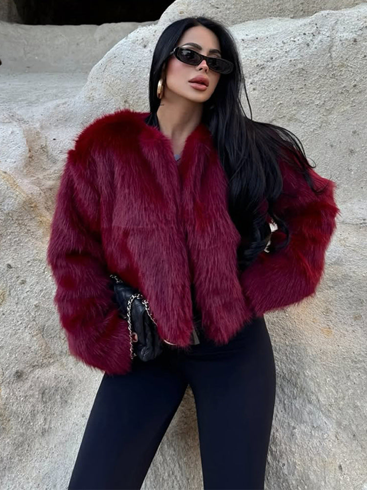 Women's short-cut boxy faux fur bomber with voluminous shawl collar Amarae
