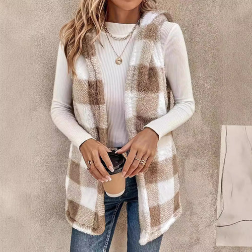 Women Cozy Checkered Vest in Plush Material Amarae