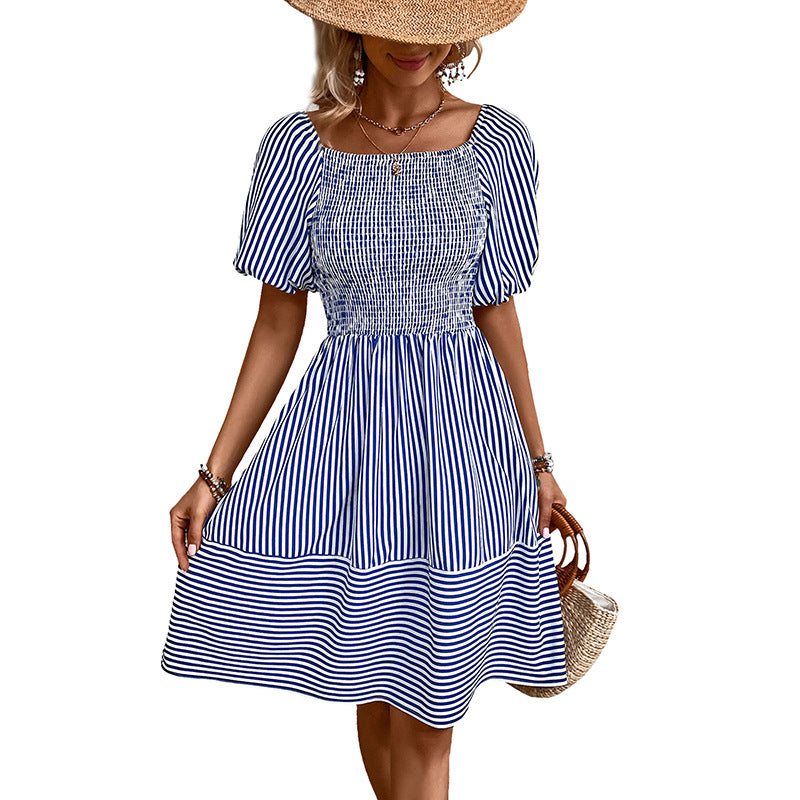 Smocked A-line dress for women with puff sleeves Lune London