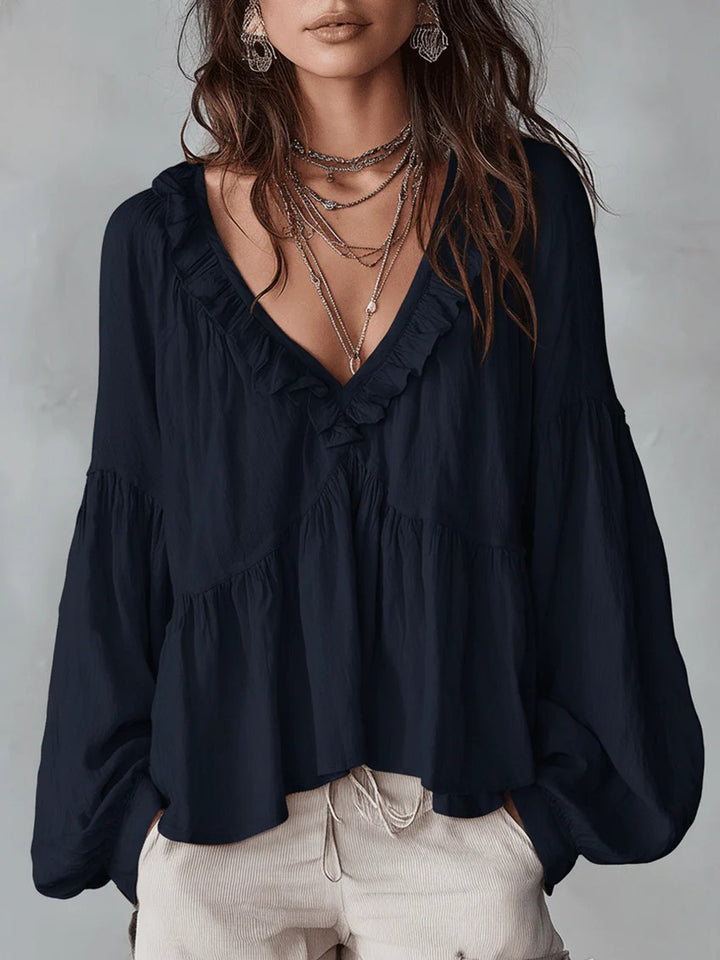 Women's Flowing Top with Ruffled Details and V-Neck Lune London