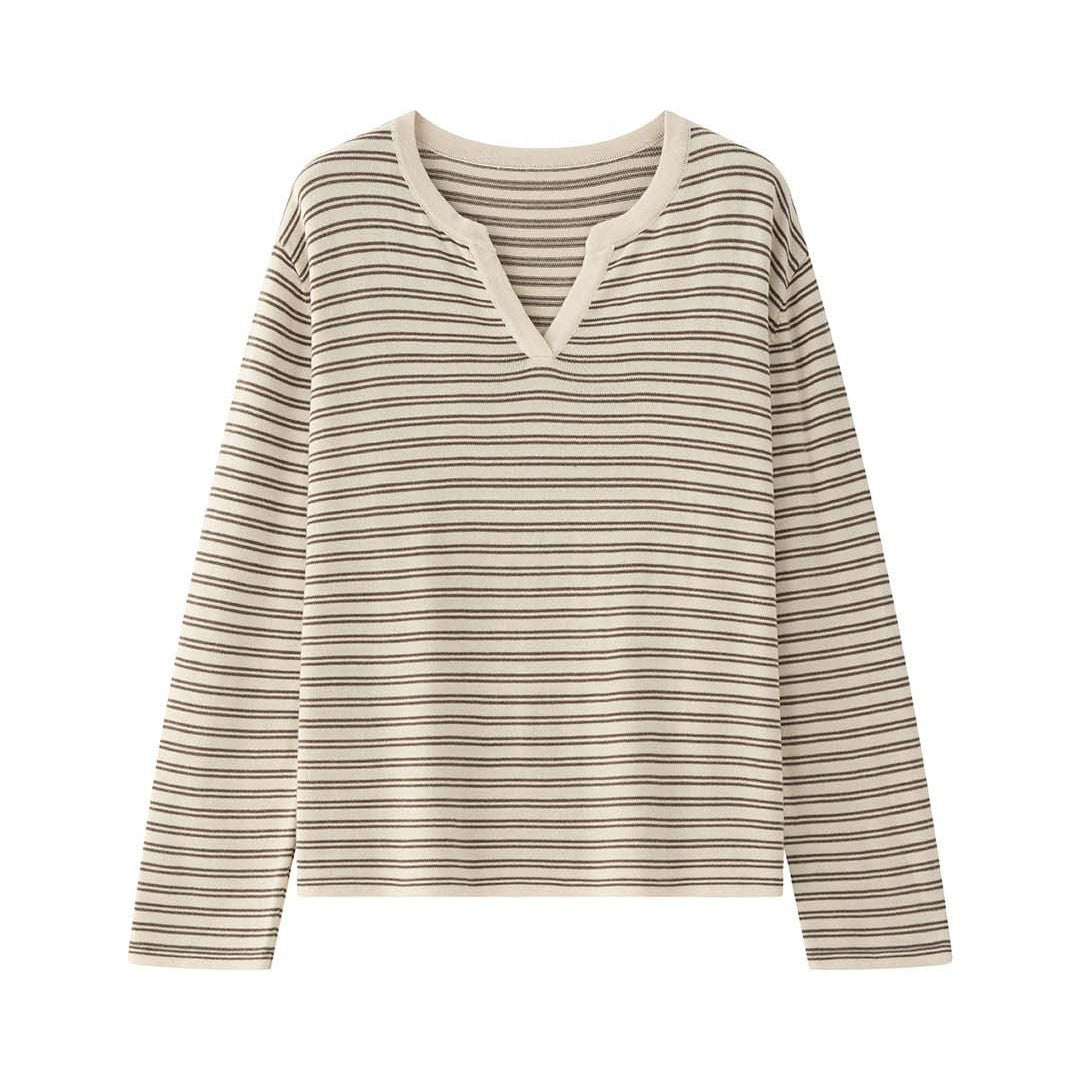 Women Striped Oversize Long Sleeve Shirt with V-Neck and Casual Silhouette Amarae