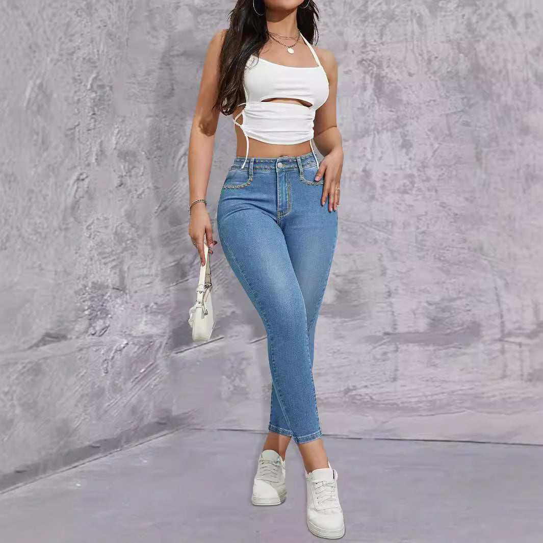 Ladies high-waisted skinny jeans with rhinestone embellishments and ankle-length cut Amarae