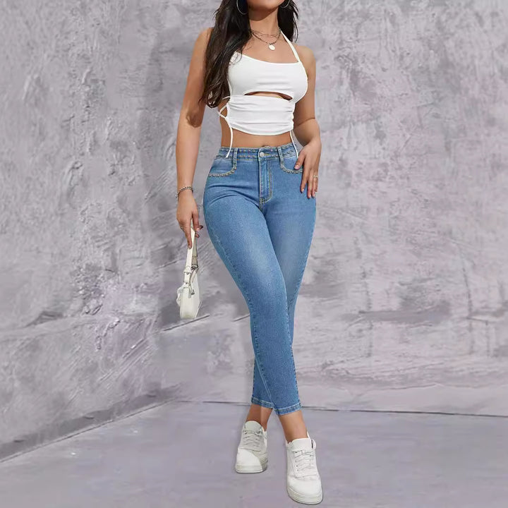 Ladies high-waisted skinny jeans with rhinestone embellishments and ankle-length cut Amarae
