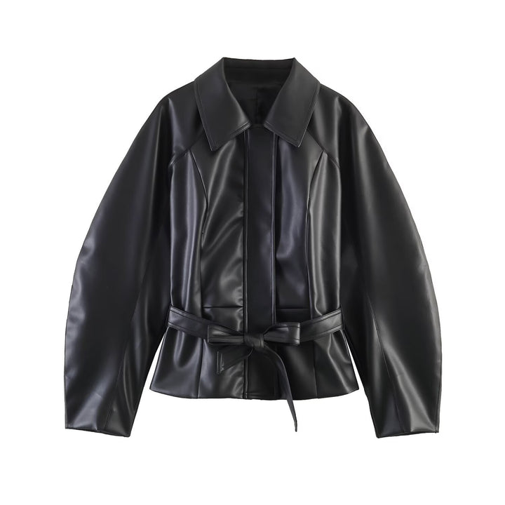 Women's Tailored Vegan Leather Wrap Jacket with Tunnel Drawstring Belt and Oversized Sleeves Amarae