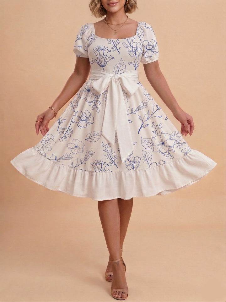 Women's Midi Dress with Elegant Floral Print and Fitted Belt Lune London