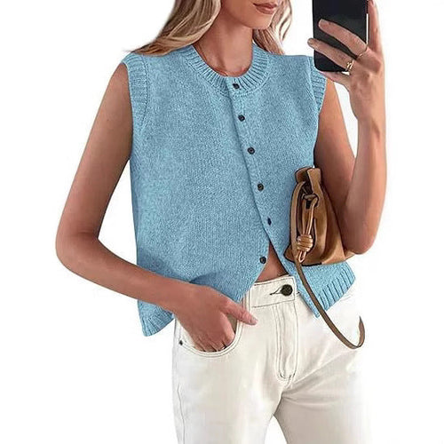 Women's Casual Knitted Vest with Button Placket and Round Neck Amarae