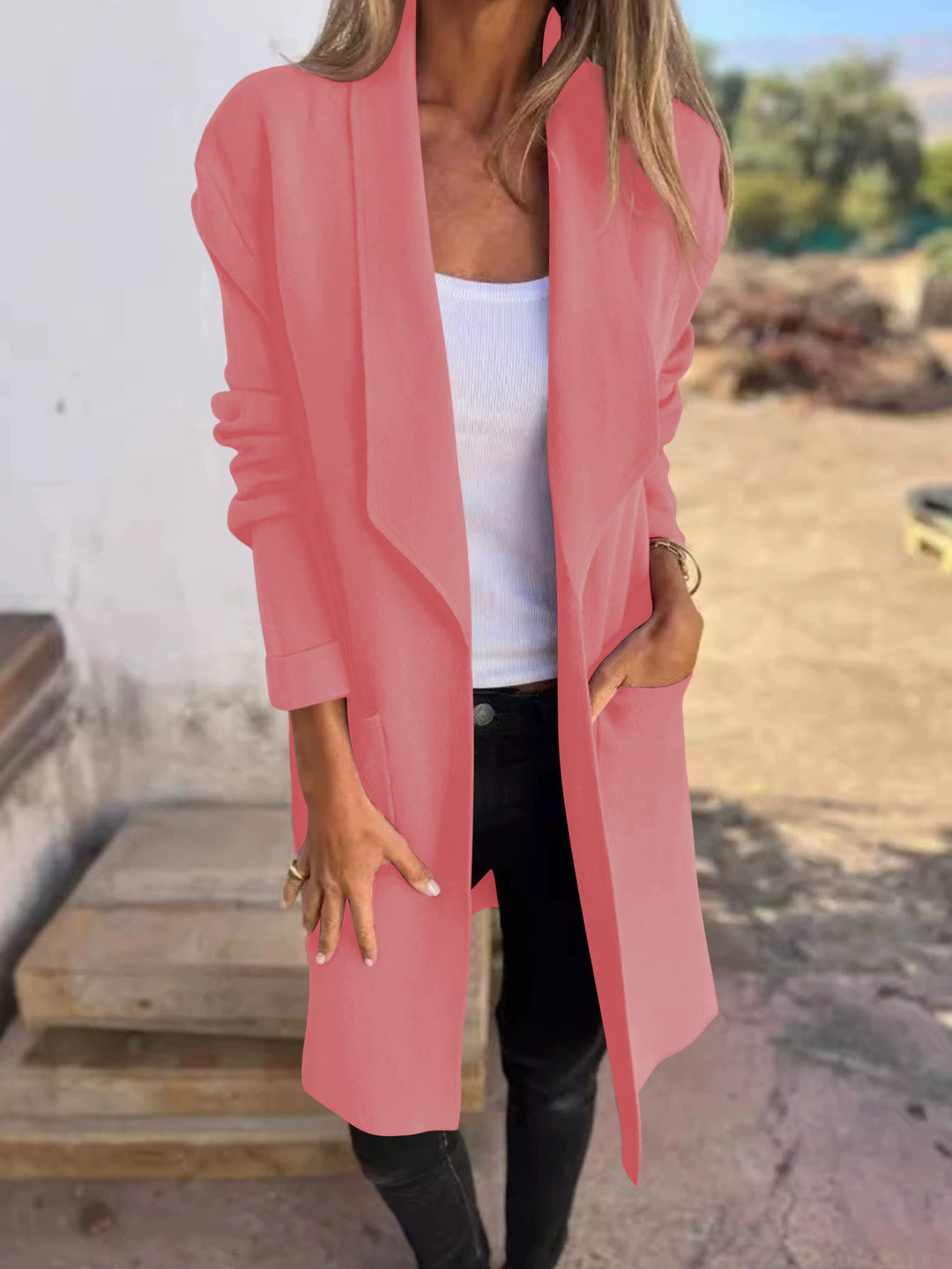 Ladies Long Casual Open Cut Jacket with Practical Pockets Lune London