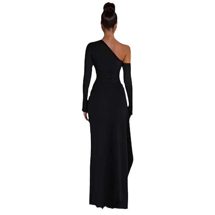 One-shoulder evening dress with high slit Lune London