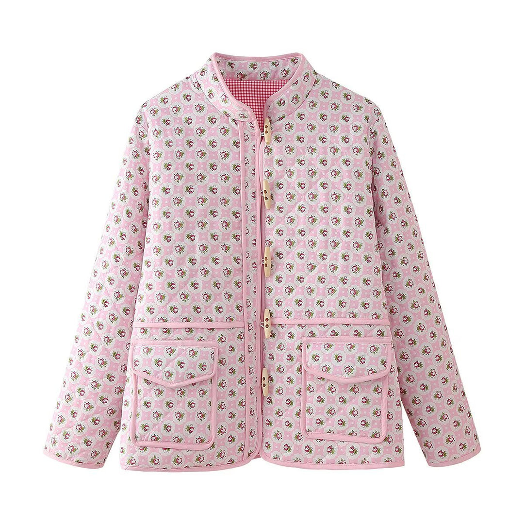 Women's quilted short jacket with stand-up collar, decorative button strip and applied flap pockets Amarae