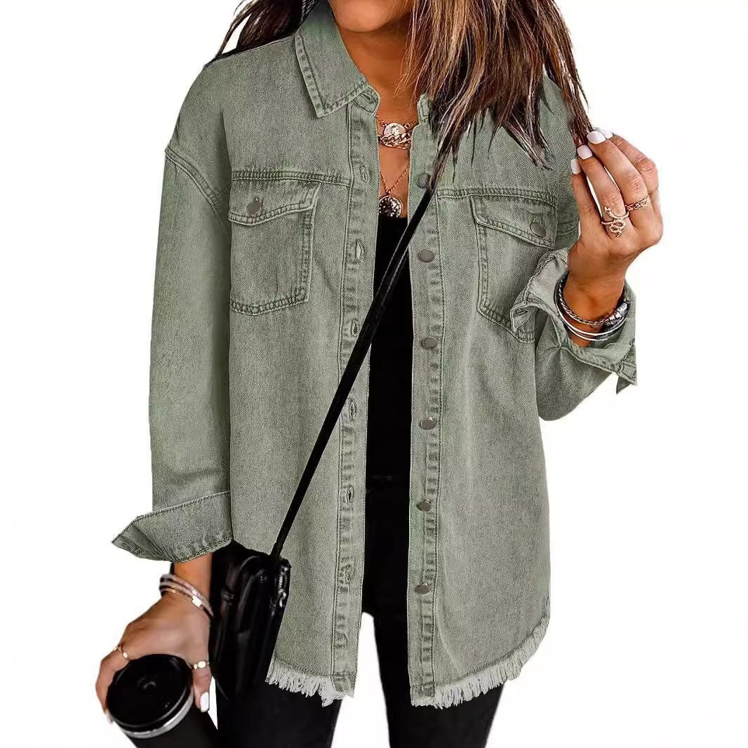 Casual denim jacket for women with frayed hems and patch pockets Lune London