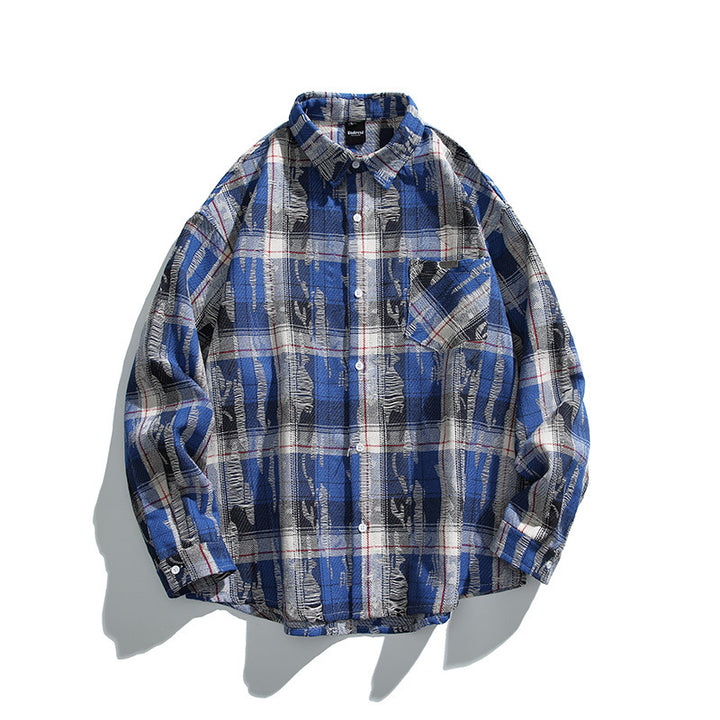 Unisex Oversized Checked Flannel Shirt with Destroyed Details and Chest Pocket Amarae