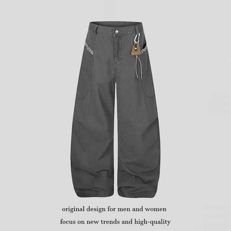 Women Extra Wide Palazzo Trousers with High Waist, Cargo Pockets and Decorative Keychain Amarae