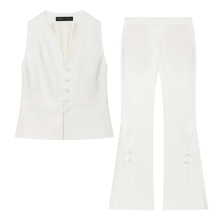 Women's High-Waisted Flared Pants with Decorative Button Closure and Side Pockets Amarae