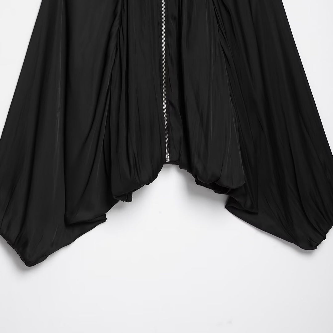 Women Pleated Cropped Cape Jacket with Zipper and Ballooned Hem Amarae