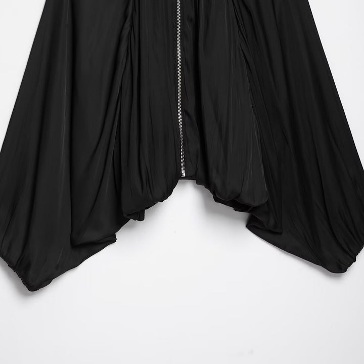 Women Pleated Cropped Cape Jacket with Zipper and Ballooned Hem Amarae