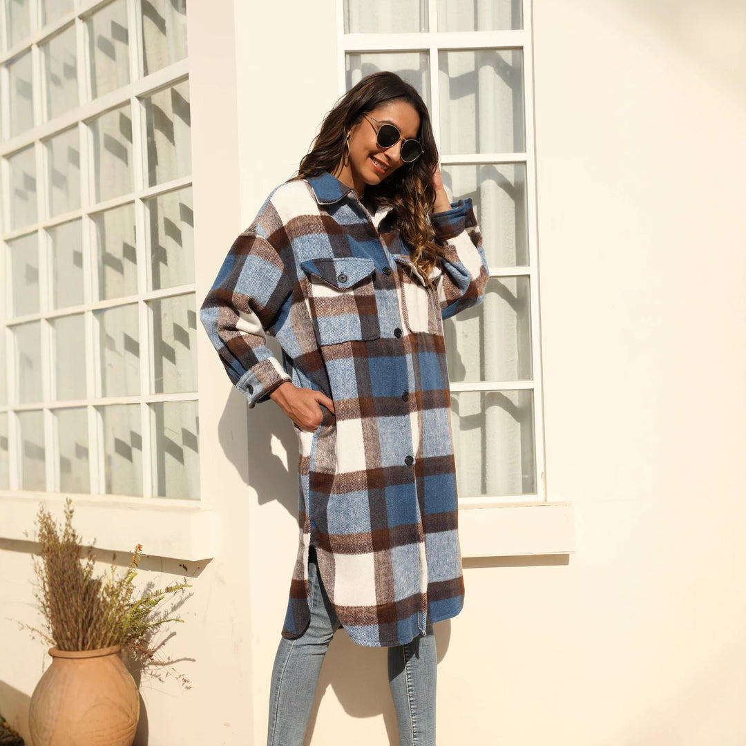Women Checkered Longline Shirt Jacket Coat with Patch Pockets Amarae