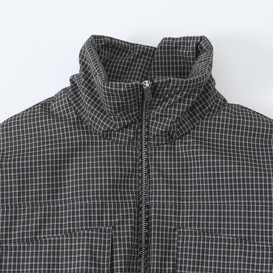 Women’s short jacket in checkered utility bomber with high stand collar and drawstring waist Amarae