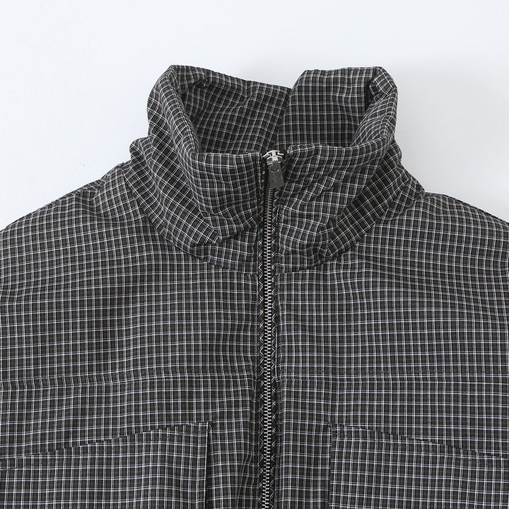 Women’s short jacket in checkered utility bomber with high stand collar and drawstring waist Amarae