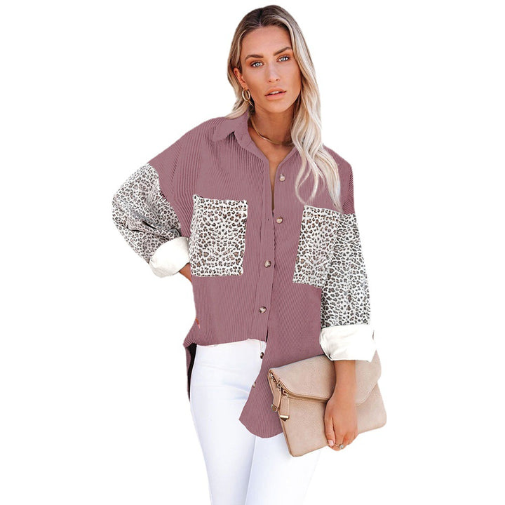Ladies oversized shirt blouse with textured fabric and leopard print inserts Amarae