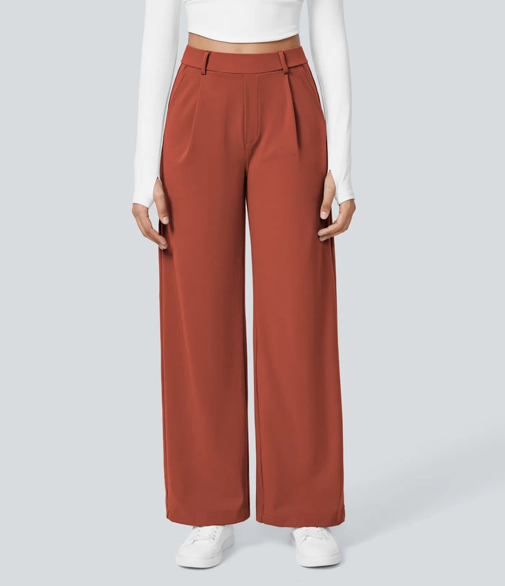 Ladies Elegant High-Waist Palazzo Pants with Front Pleats and Side Pockets Amarae