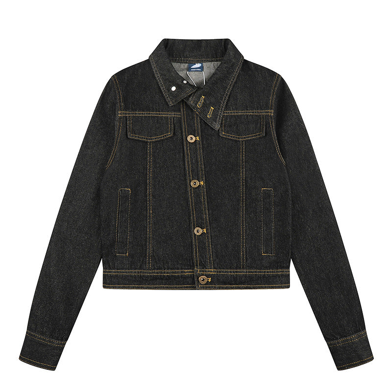 Women's Short Boxy Denim Jacket with Contrast Stitching and Chest Pockets Amarae