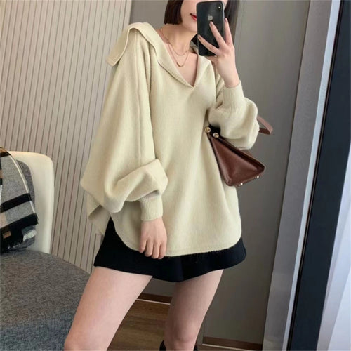 Sweatshirt en tricot surdimensionné pour femmes avec col V décontracté et capuche Chic & Stil