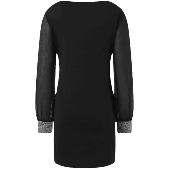 Elegant mini dress for women with V-neck, transparent sleeves, and rhinestone accents Lune London