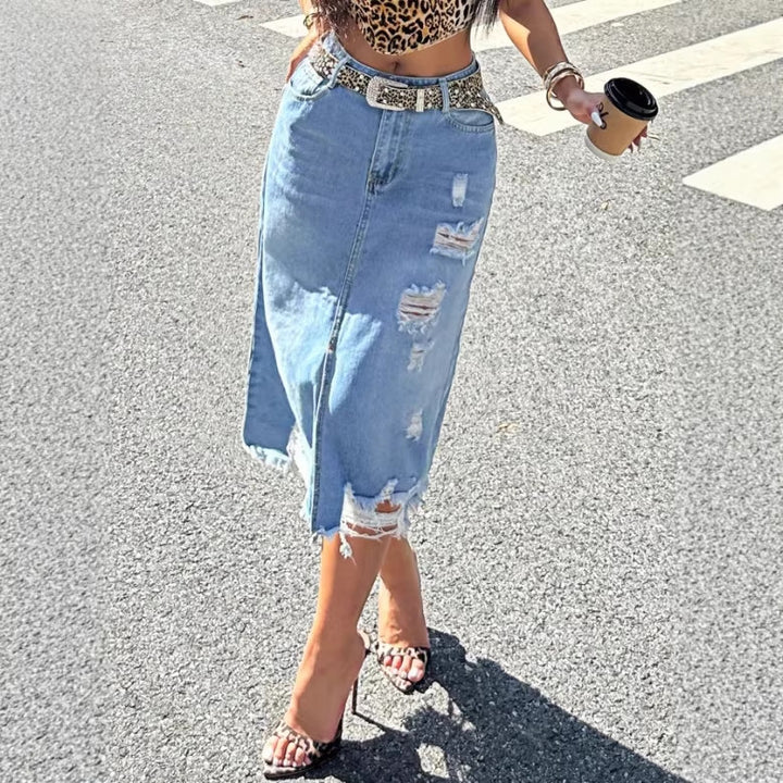 Ladies Denim Midi Skirt with Fringes Front Slit and Used Effects Amarae