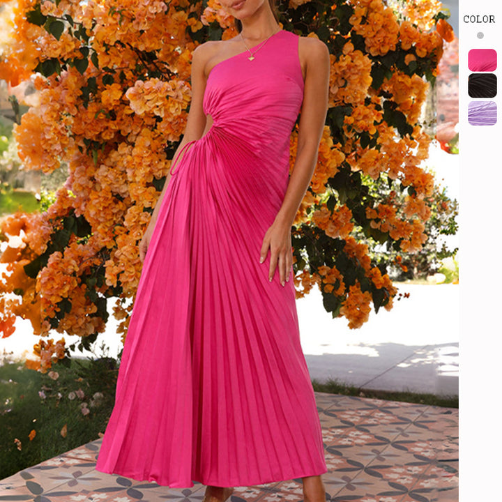 Ladies Pleated Maxi Dress with Asymmetric Neckline and Side Cut-Out Lune London