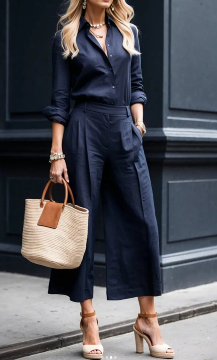 Pantalon féminin élégant en lin avec blouse ajustée et pantalon large Chic & Stil