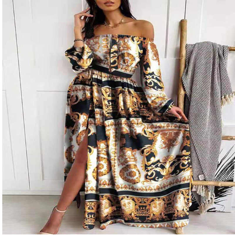 Off-shoulder maxi dress for women with elegant print Lune London