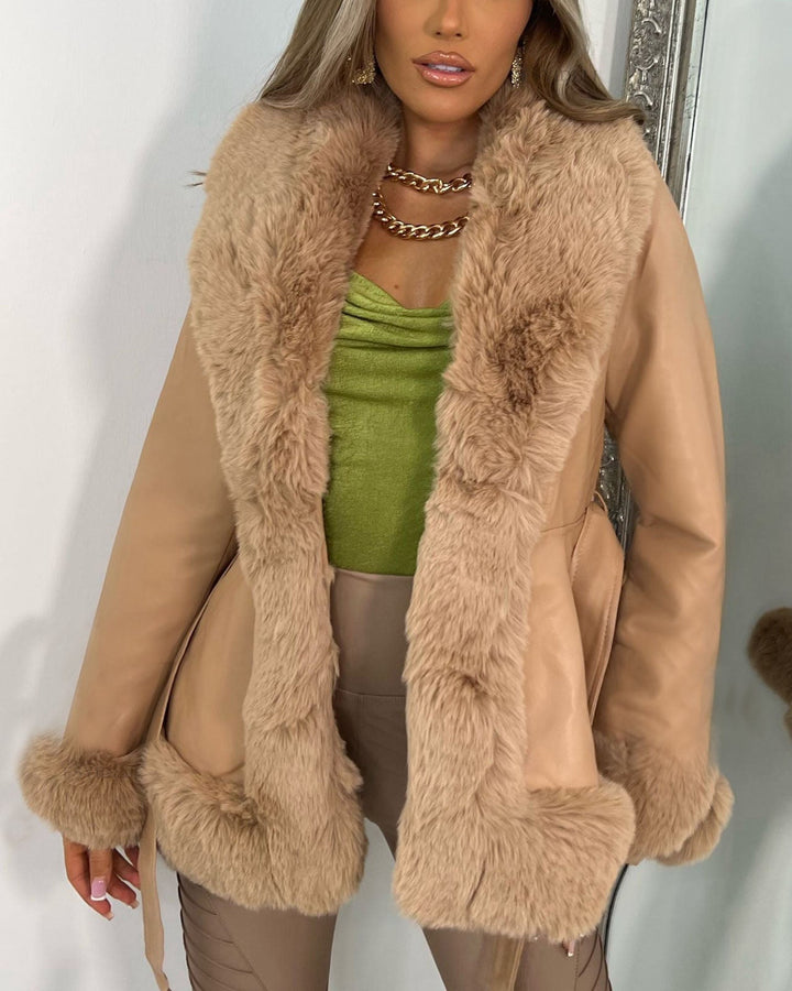 Amarae | Fur Collar Lacing At The Waist Stitched Pu Leather Jacket