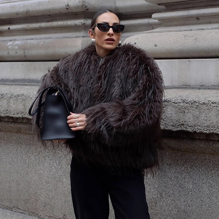 Ladies short jacket made of long-pile shaggy faux fur with hidden snap button placket Amarae