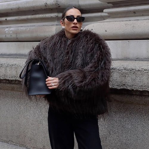 Ladies short jacket made of long-pile shaggy faux fur with hidden snap button placket Amarae
