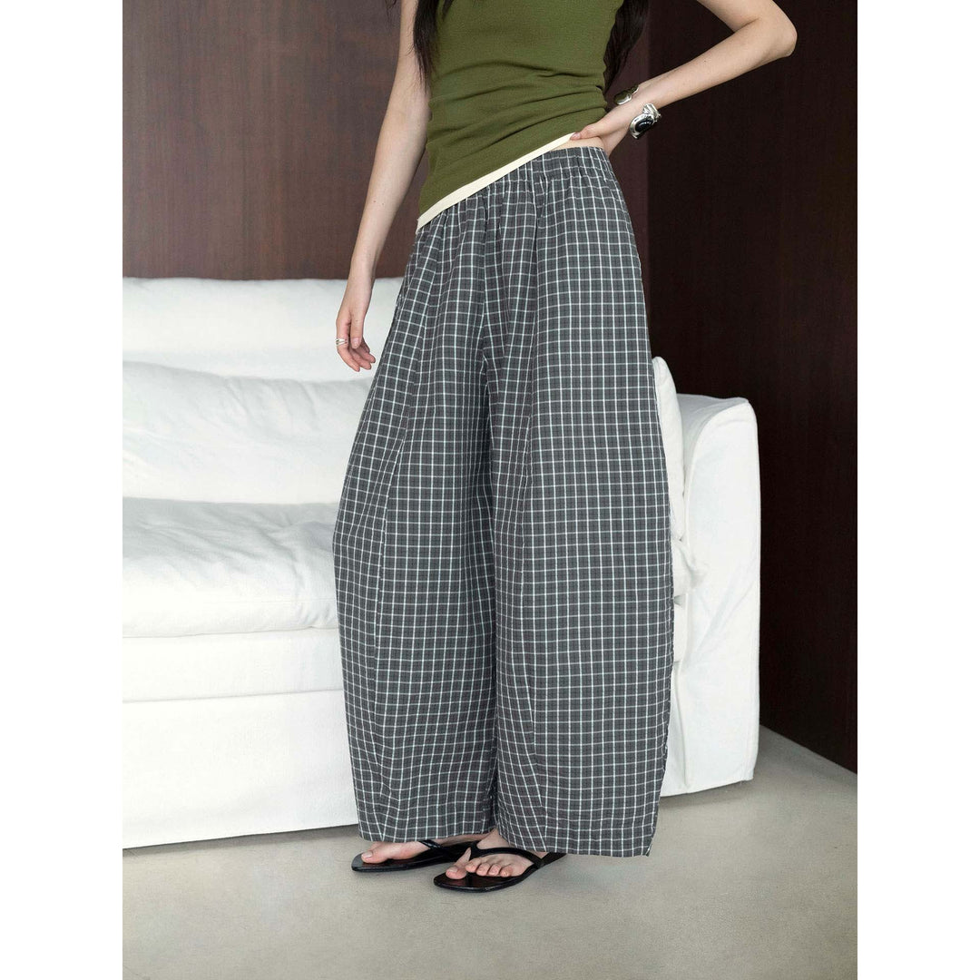 Women's Wide Checked Culotte with Elastic Drawstring Waistband Amarae