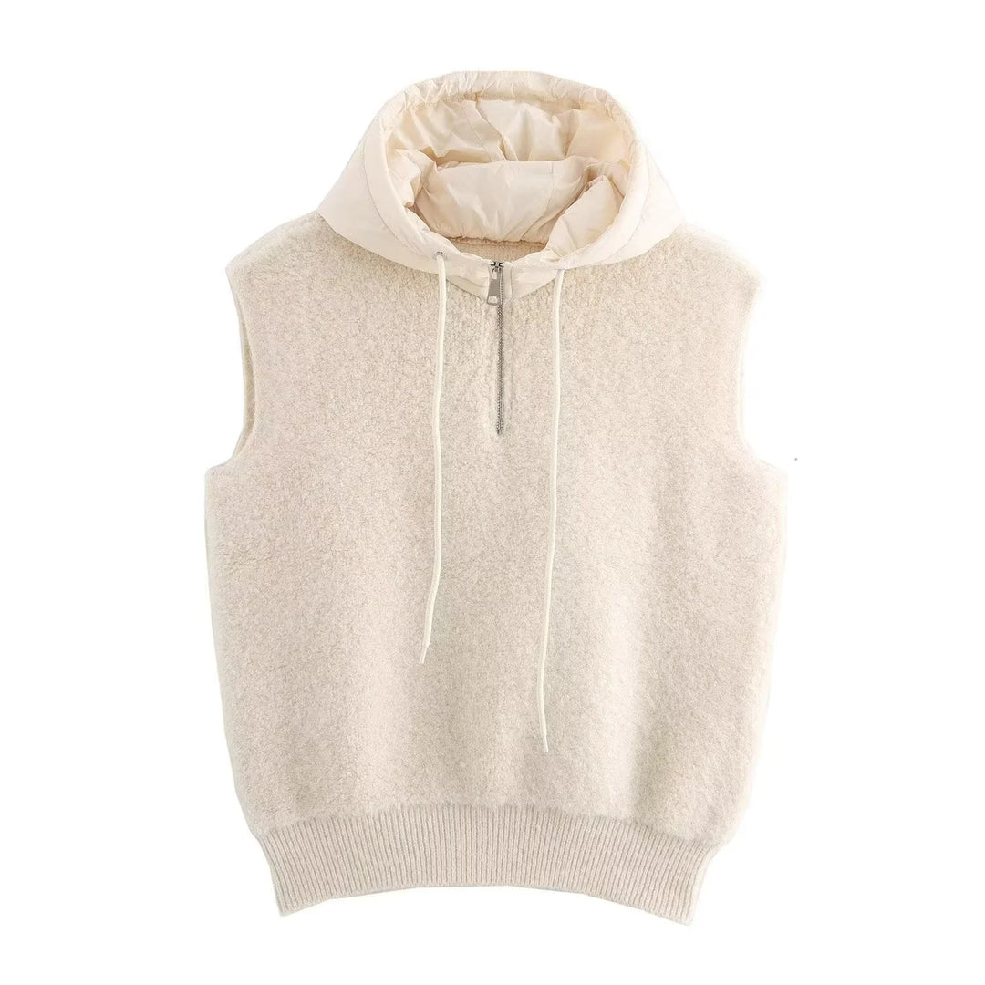 Women's sleeveless knitted vest with quilted hood and half zip Amarae