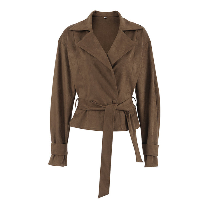 Suede leather trench coat for women with tie belt and wide lapels Amarae
