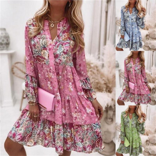 Elegant blouson dress for ladies with floral design and ruffles Amarae