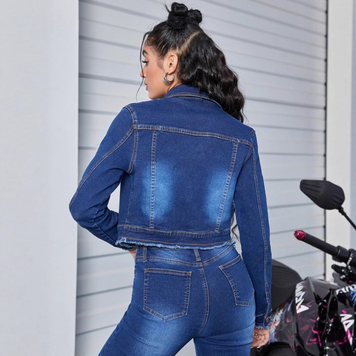 Women Short Waist-Length Denim Jacket with Zip and Frayed Hem Amarae