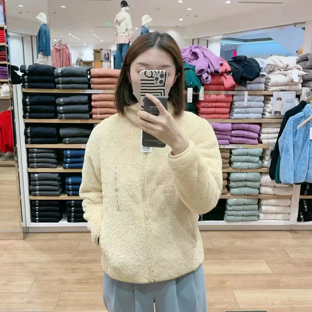 Women Cozy Fleece Jacket with High Collar and Zip Lune London