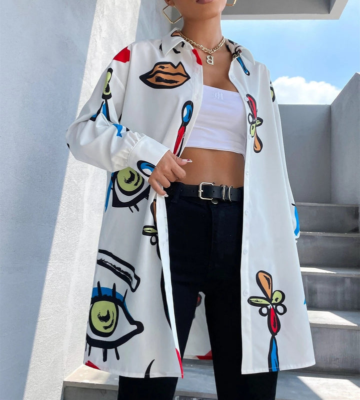 Trendy checkered blouse for women with a colorful graphic design Lune London