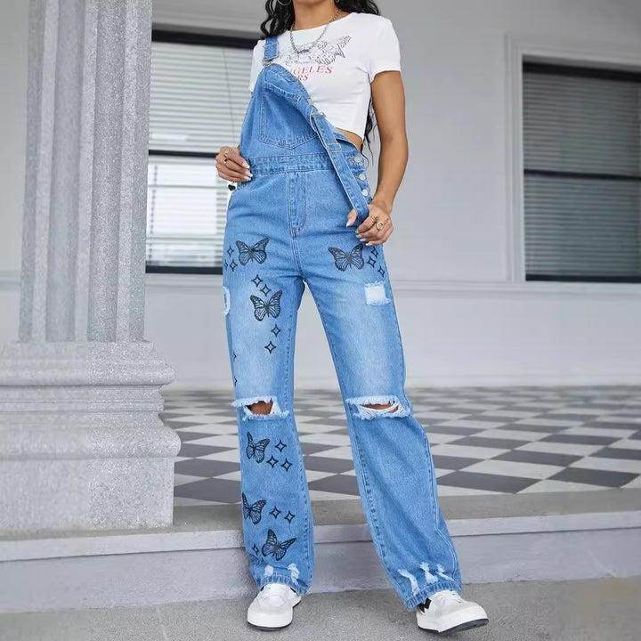 Women Casual Denim Overalls with Butterfly Print, distressed Knee & Wide Leg Amarae