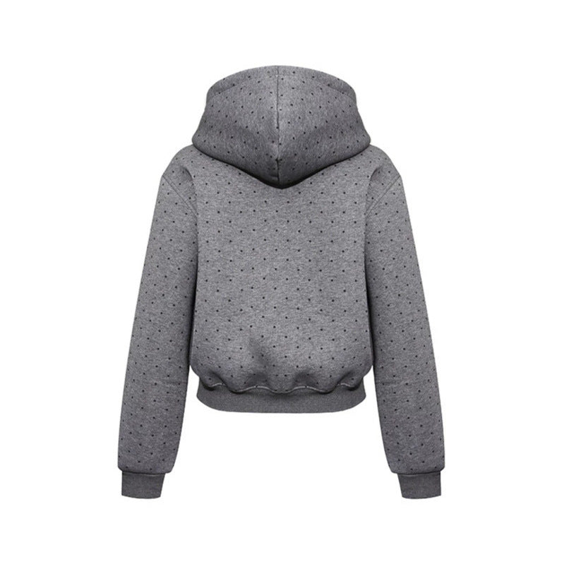 Women’s hoodie sweatshirt with polka dot pattern, kangaroo pocket and large typographic print Amarae