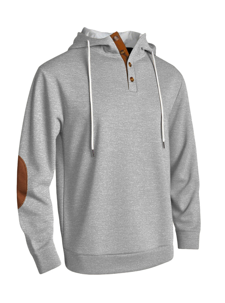 Hooded man with modern design of button placket and elbow patches Lune London