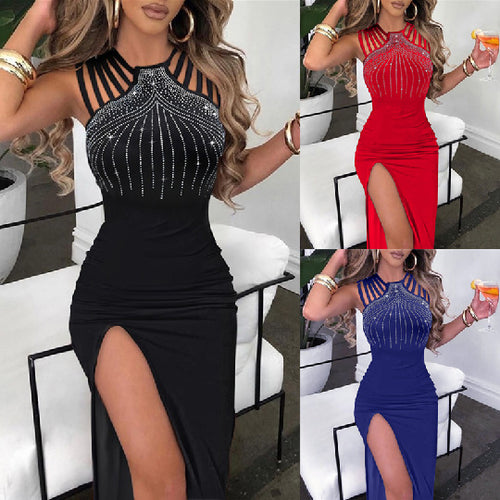 Ladies Elegant Evening Dress with Rhinestone Ornaments and a Deep Slit Amarae