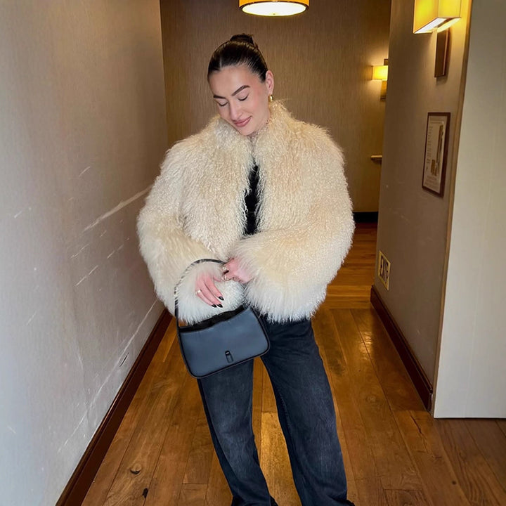 Women's Boxy Faux Fur Bomber Jacket with Curly Lambskin Look and Extra Volume Amarae